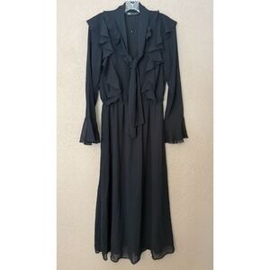 Zara‎ NWOT Black Long Sleeve Ruffle W/ Tie Neck Elastic Waist Maxi Dress Sz L
